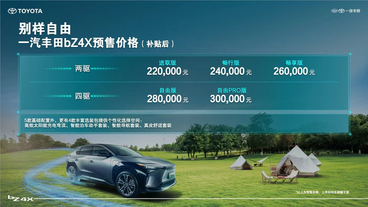 丰田bz4x上市，22万-30万元，一汽丰田bZ4X正式开启预售