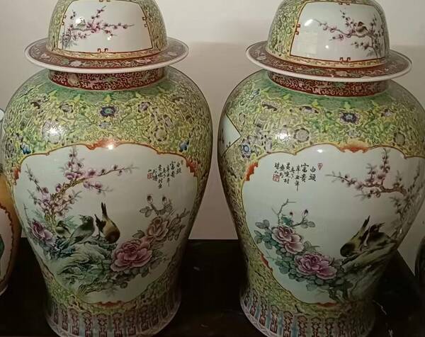 五彩花鸟纹瓷瓶，粉彩花鸟盖罐